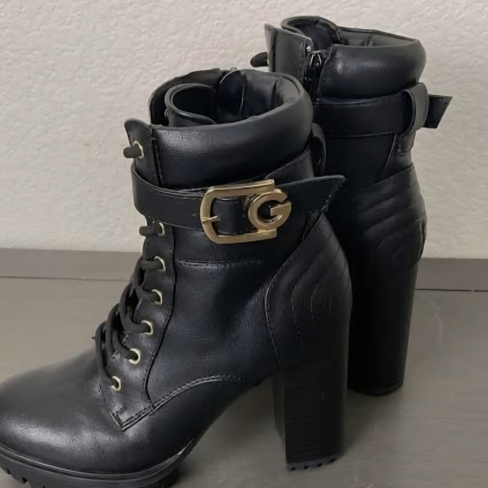 GBG Los Angeles Black Heeled Boots with Gold Buckle